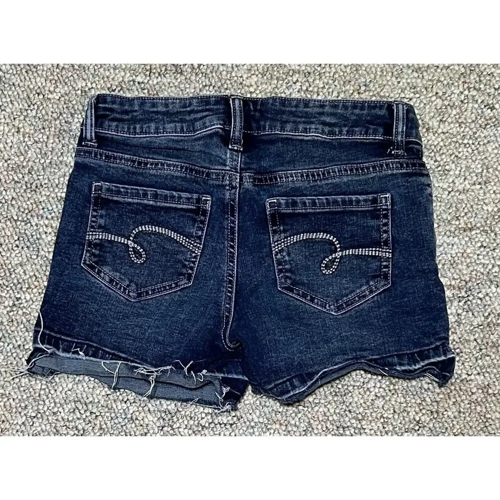 Justice Girls Denim Dark Blue Jean Shorts Size 12 Rolled Cuff Faded